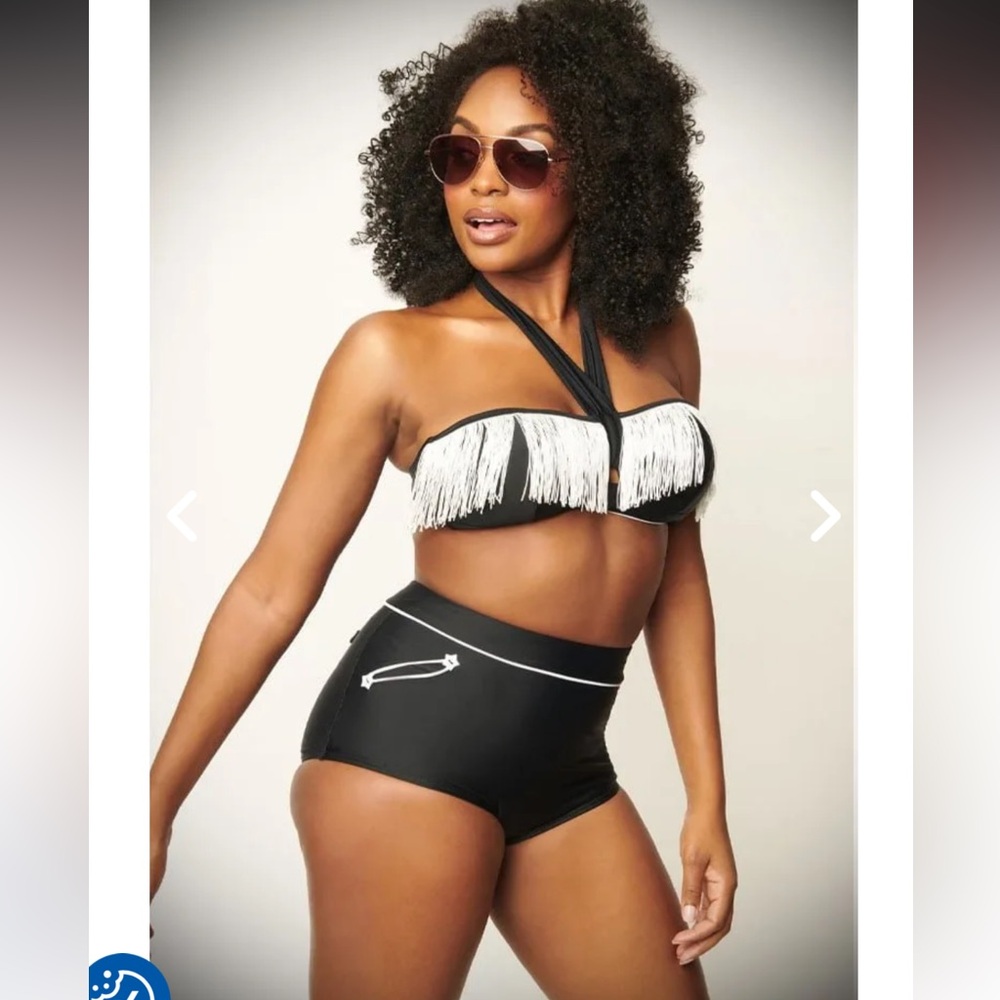 Unique Vintage Black and White Fringe Bikini Set